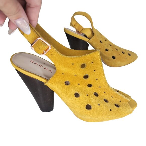 Sacha London Mustard Yellow Suede Leather Upper Slingback Heeled Sandals With Cu - Picture 7 of 11